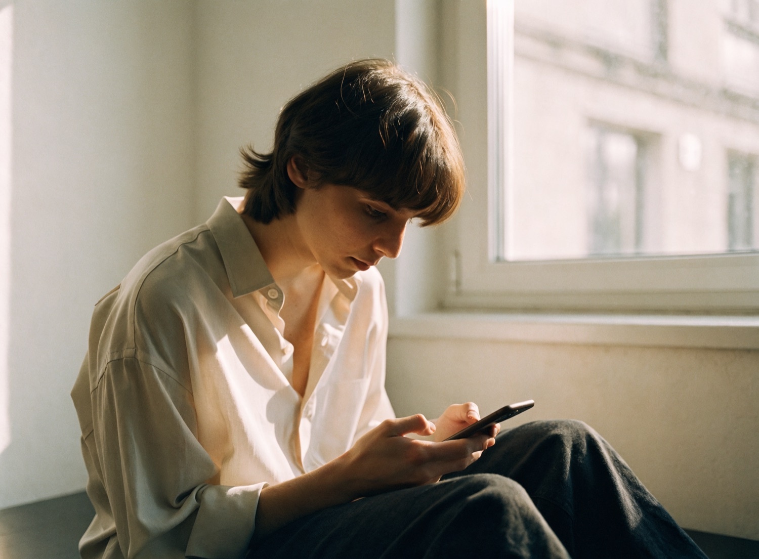 A young creator looking at his phone, thinking.
